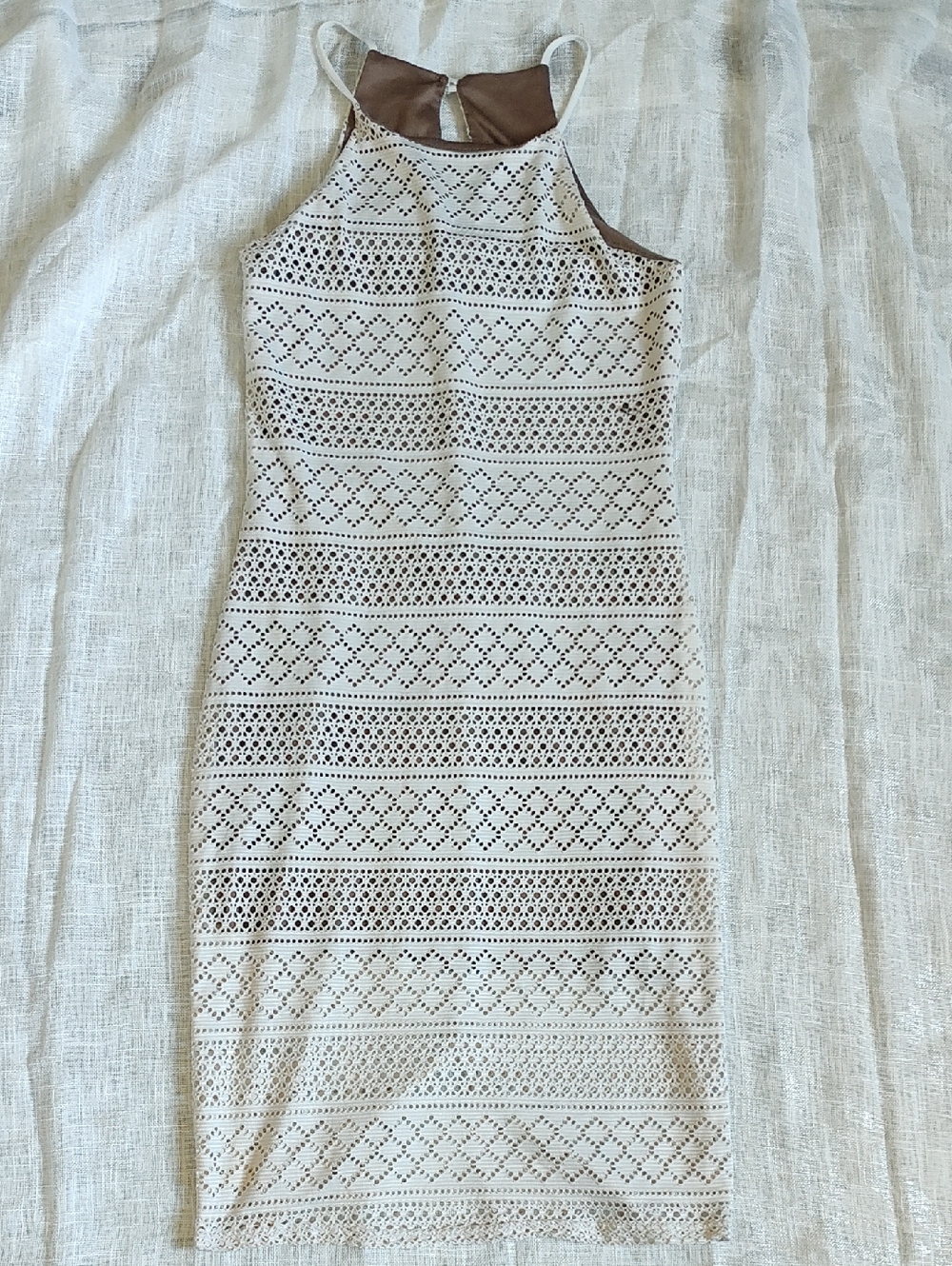 Poetry Cream Crochet Midi Sheath Dress with Taupe Lining